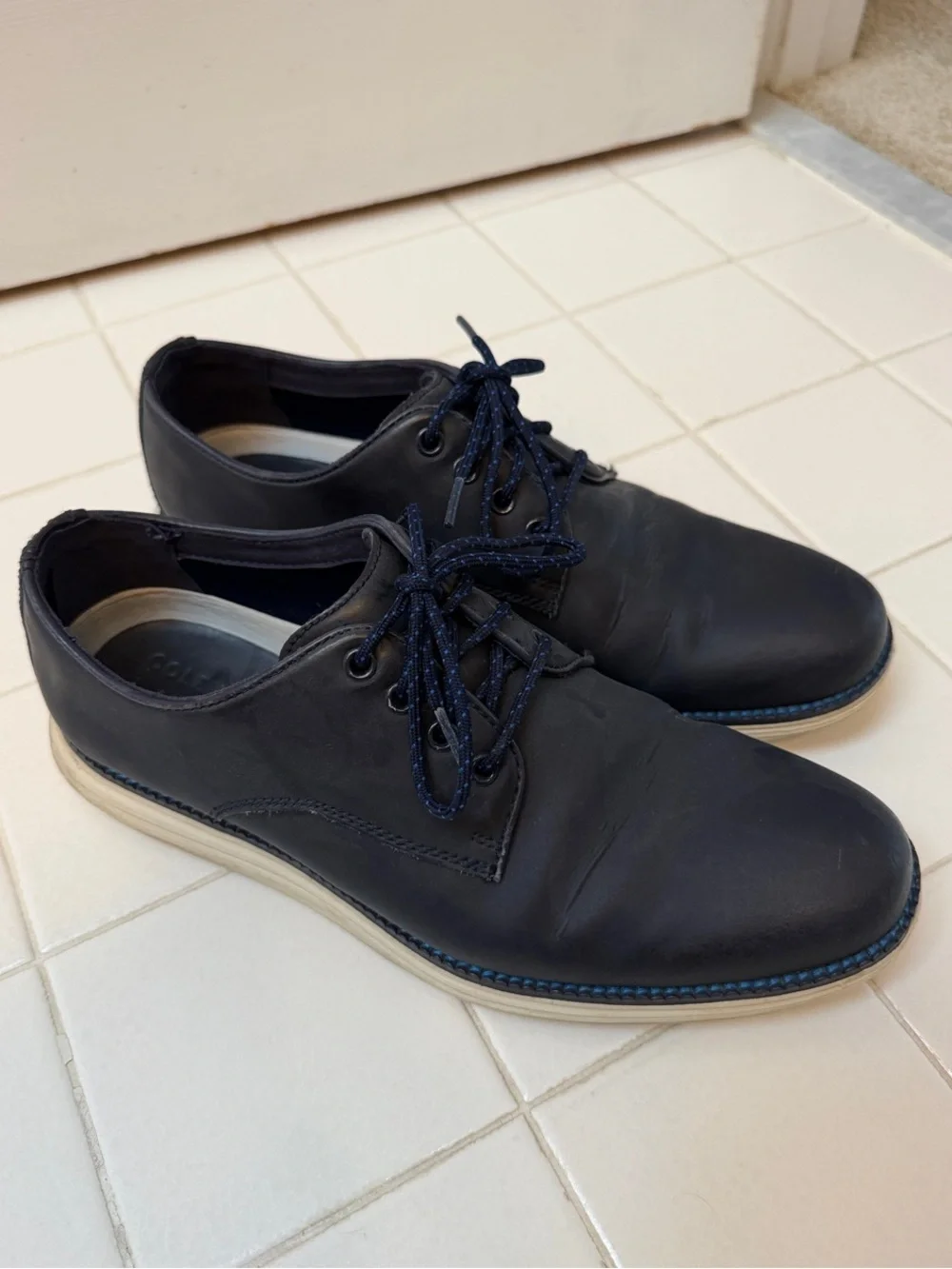 Men's Cole Haan Navy Leather Lace-Up Dress Shoes with Blue Stitching